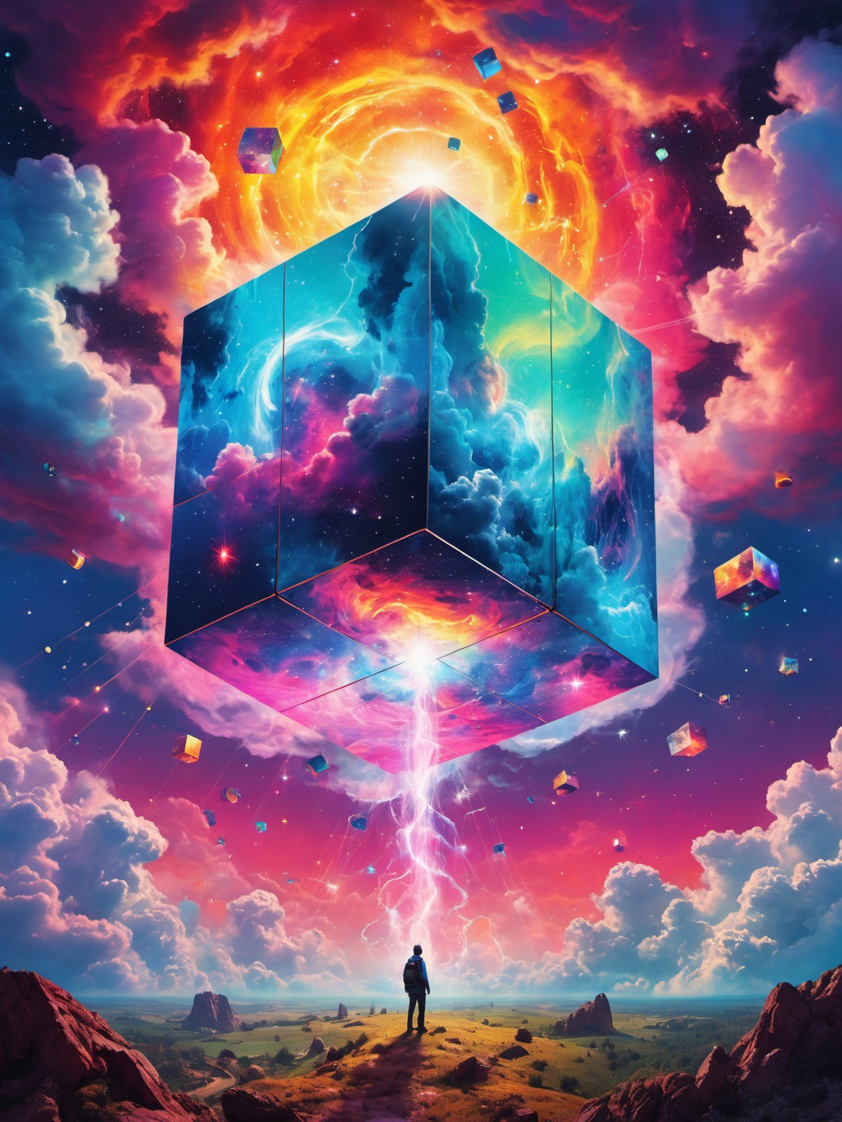 GTA-style artwork Bosch-style, a translucent cube traps eerie clouds, the starsscape warps, time distorts, surrealism reig...