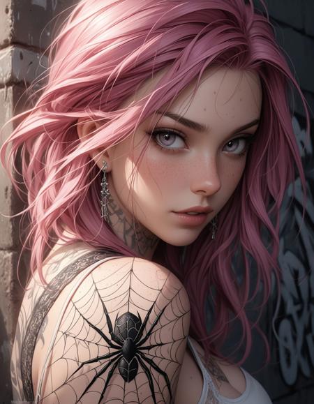 portrait of a tattooed woman with buzzed pink hair, intricate sleeve tattoo, soft lighting, pastel color tones, very realistic, highly detailed skin textures, subtle freckles, cracked wall, graffiti, expressive eyes, moody atmosphere, delicate linework, photorealistic textures, smooth shading, 8k resolution, high contrast, cinematic composition, trending on Artstation, spider web shoulder tattoo, kneeling,