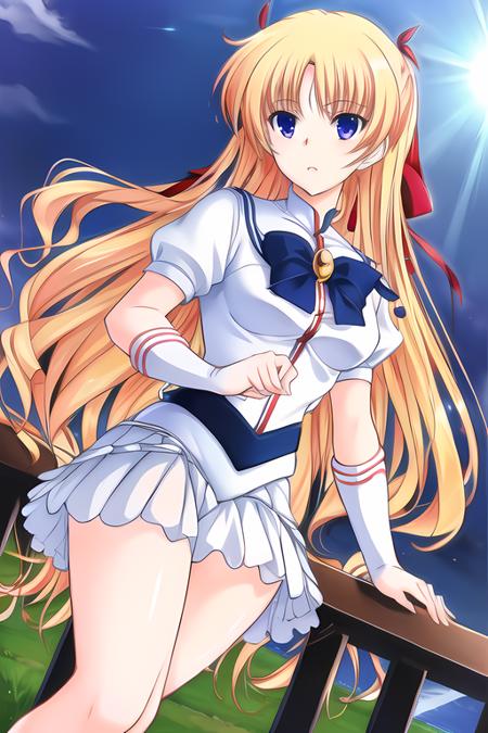 christiane friedrich, 1girl, best quality, masterpiece, sailor senshi uniform, sailor moon, red hair ribbons, blonde hair,<lora:Christiane_Friedrich:0.8>,