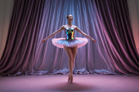 made of l1qu1dp34rl, metal, pearlescent, ballerina, dress dripping with iridescent glow, multicolored, twirling gracefully, in a softly lit studio with velvet curtains, <lora:liquidpearlXL:1>