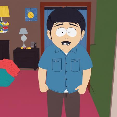 tall adult man, happy, blue shirt, black hair, standing up, black pants, in his room, (upper body perspective), cartoon, south park style<lora:South Park Style:0.71>