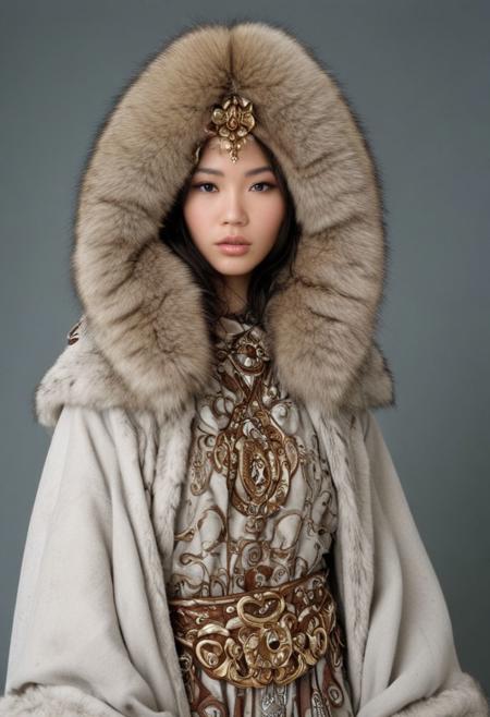 Eskimo girl, Ancient Empress costume, Beautiful girl, sensual, Eiko Ishioka fashion style, Alexander McQueen fashion style, neutral grey background