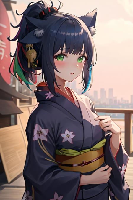 best quality, masterpiece, highres, solo, {yukata:1.40}, {kimono:1.20}, {jessica_arknights:1.15}, cat_ears, animal_ears, green_eyes, ponytail, bangs, blue_hair, blush, multicolored_hair, upper_body, black_hair, breasts