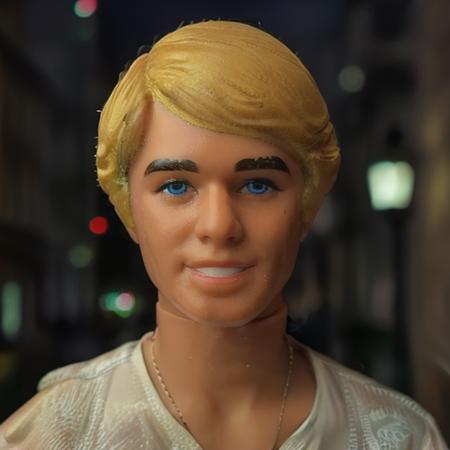 ((Masterpiece, best quality)), detailed skin, highly detailed, cinematic lighting, ultra realistic, blush, close up shot, looking at viewer, <lora:Ken_Doll:1> a toy man with blonde hair, tshirt, city scene, night, <lora:epiCRealismHelper:1>  <lora:pytorch_lora_weights:1>