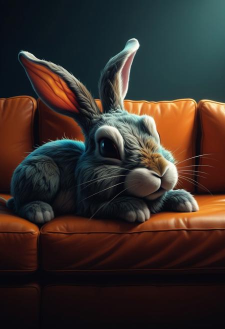 stunning dark image of a cute adorable wacky bunny sleeping laying flat on a sofa, no emotions, moody, grainy, noisy, concept art, by Alberto Seveso, Cyril Rolando, Dan Mumford, Meaningful Visual Art, Detailed Painting, Digital Illustration, Unreal Engine 5, 32k maximalist, hyperdetailed fantasy art, 3d digital art, sharp focus, masterpiece, fine art