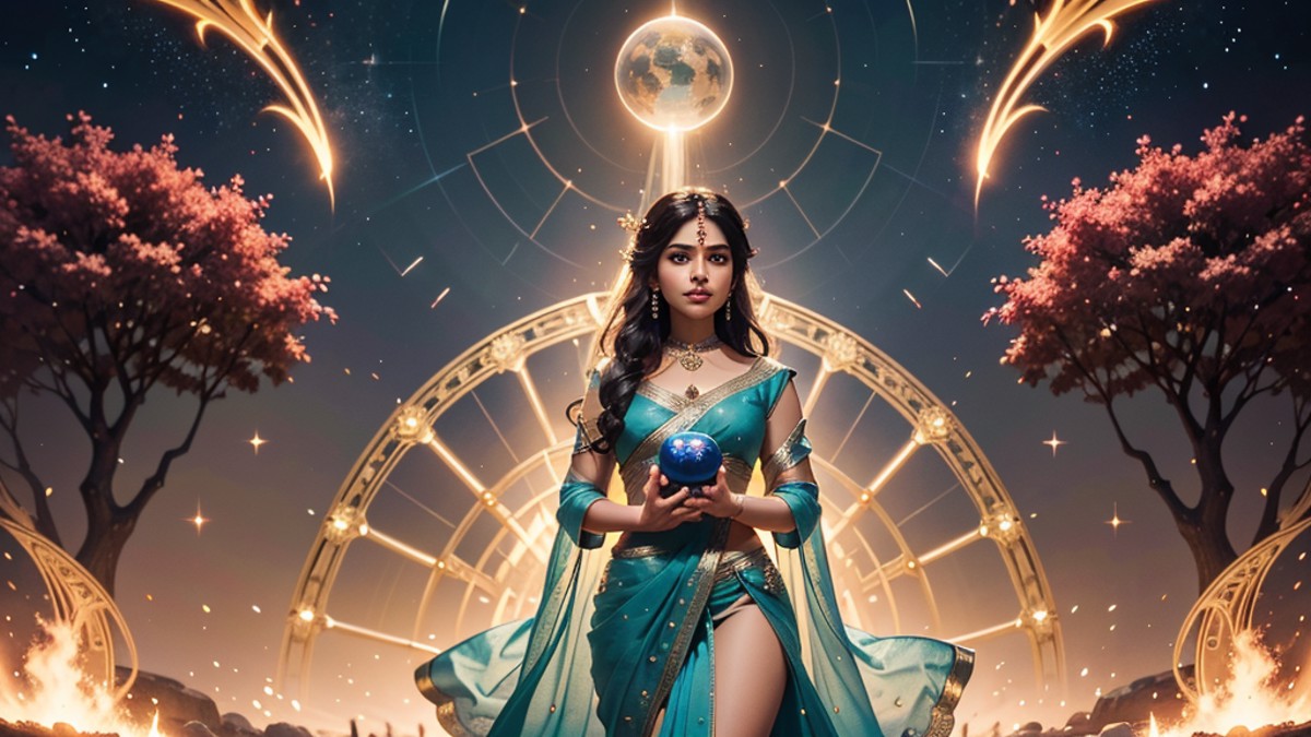 Strategy game style ethereal fantasy concept art of  cinematic film still Beautiful indian women in saree holding an magic...