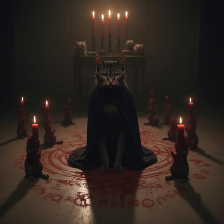 A dark, unsettling occult ritual scene in a dimly lit, candlelit room. In the center, a grotesque and disturbing cat, with unnatural eyes glowing eerily, stands surrounded by arcane symbols drawn in red chalk on the floor. The cat's fur is matted and unnervingly twisted, with exaggerated, malformed features like unnaturally long claws and an unsettling expression. Its body is distorted in a way that seems unnatural and otherworldly. The scene is filled with ominous details: shadowy figures in dark robes watching from the edges of the room, strange, bloodstained objects scattered about, and the flickering, sinister shadows cast by the candles. The atmosphere is thick with an air of malevolence, and the air feels dense with dark energy, as if the ritual is about to reach a terrifying climax. The entire scene is photorealistic, with high detail on the disturbing features of the cat, the unsettling ambiance, and the dark surroundings that feel oppressive and terrifying