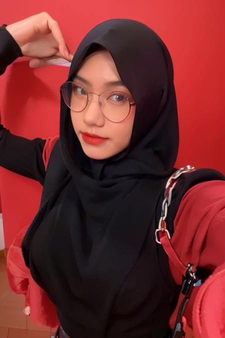 masterpiece, best quality, 1girl, solo, standing, adasweater, red sweater, sweater dress, turtleneck, harness, pantyhose, black eyes, looking at viewer, arms behind head, large breasts, parted lips, red lips, lipstick, holster, belt, mature female, (black hijab:1), POV Facing Camera, simple background, black background, glasses   <lora:adawong-re-richy-v1:1> <lora:RinMoka_-_Youtuber:0.85>