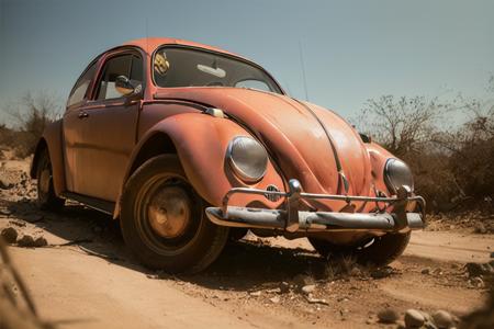 analog gloomy photo of a red Volkswagen Beetle car, <lora:vwb33tl3:1>, ((three quarter view)), (dark sunset), driving on a dirt road, (dilapidated town), 1969, ((horror movie)), slasher film, texas chainsaw massacre, film grain, retro,  High Detail, Sharp focus, ((photorealism)), realistic, best quality, 8k, award winning, dramatic lighting, epic, cinematic, masterpiece