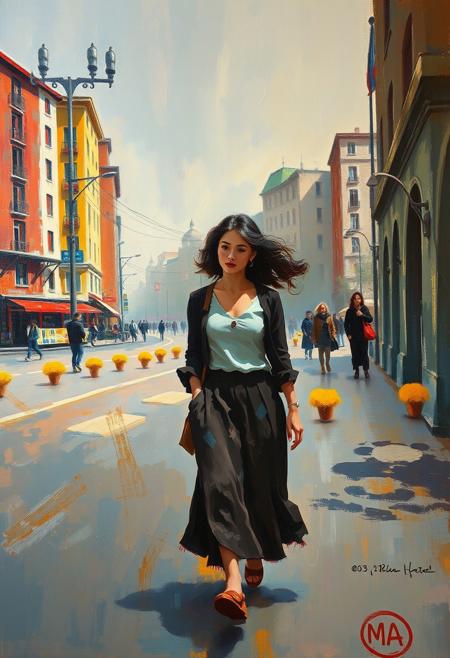A vibrant, dynamic oil painting in the style of Soviet Impressionism depicting a woman walking through an urban landscape. The scene is rendered with soft brushstrokes, muted colors, warm light, and textured surfaces, evoking a sense of nostalgic charm and emotional warmth.  Light streaks accentuate the subtle movement.