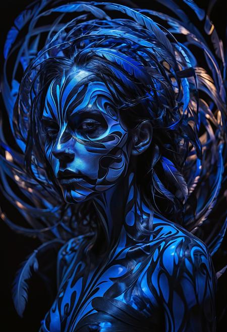 raw photo, the skull is distorted by the twists and turns of a woman with dark hair, in the style of neon impressionism, spiral vortex patterns, dark blue and light black, photoillustration, made of feathers, expressive light and shadow, expressionist emotiveness