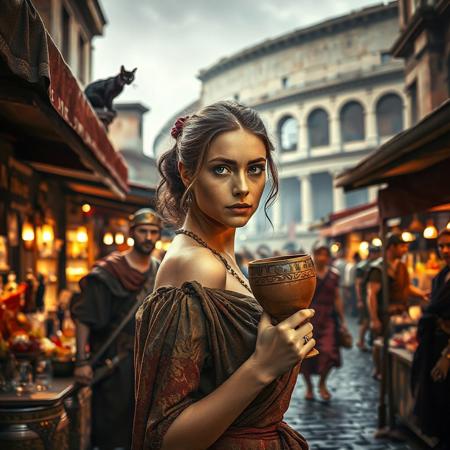 Setting is a 1st century Roman Empire market in Rome at night, the market is comprised of street vendors selling, food, weapons, and clothing. Everyone and everything in the image is appropriate for a scene from Ancient Rome, People wearing Roman clothing are walking through the street market shopping and eating, in the foreground is a merchant selling beverages and food at a market kiosk, (((a beautiful woman, 24 years old is standing in the foreground, the woman  facing the viewer with a clay goblet of wine in her hand. Her eyes are beautiful and focused on the viewer, she has an expression of interested curiosity))), Roman Soldiers are walking behind the beautiful woman, one of the solders turns to look at the beautiful woman, many people are walking by in the busy street market, the woman is dressed in high fashion Roman Empire clothing with an alluringly sexual, but traditional roman aesthetic. The woman's hair is elegantly tied up with a ribbon. Artistic ancient Roman aesthetic, dynamic perspective, (((overall architectural aesthetic is Ancient Rome in 1st Century Roman Empire era))).  Epic image that elicits a feeling of wonder and awe, Rome Coliseum Roman Forum architecture in background, a sleek black cat is visible sitting on a kiosk roof in the background,