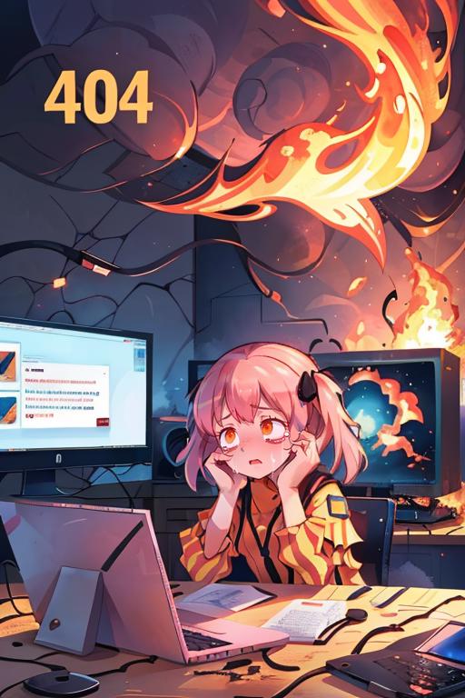 A girl with big eyes sitting at a computer with a fire in the background.