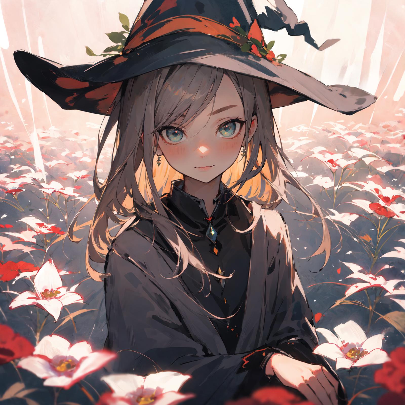 A young girl wearing a witch's hat and dress, surrounded by flowers.