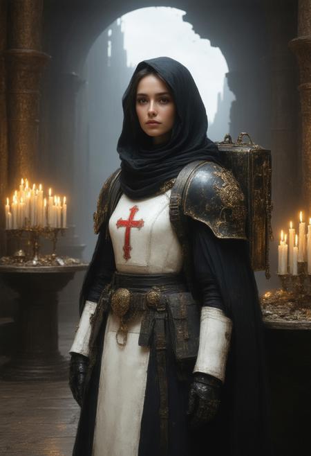 A semi-realistic female Adepta Sororitas Hospitaller stands solemnly in a gothic medbay aboard an Imperial warship. She wears black and white armor adorned with gold trim, purity seals, and the red Ecclesiarchal cross. A white coif and black mantle frame her freckled face and calm blue eyes. Her medical backpack is a servo-assisted reliquary, etched with sacred scripture and filled with holy medicae tools and relics. A wrist-mounted device projects gothic-styled holograms of vitals and gene scans.
At her side is a hooded servitor, draped in rags and equipped with surgical tools, chanting in Low Gothic. The medbay is lit by candles, incense, and red auspex glow, with arches carved in skulls and saints. Behind her, a stained-glass viewport reveals a war-torn planet and cold stars.
Style: Semi-realism
Theme: Warhammer 40K, Gothic Sci-fi
Lighting: Candlelight, auspex glow, faint starlight