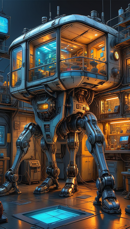 (cel-shading:2)+, (in ARTIST style:1.6), (masterpiece:1.7), hyperrealism, glossy, shinny,
clear image, accurate picture, clear picture, precise image, focused image, Science fiction style, Science fiction,
(cozy comfy glowing living space house) on mechanical legs, science fiction, aquarium on mechanical legs focus, neon glowing cyberpunk city street background, mecha,
comic style, (ultra sharp focus:2), (thin lines:2),
(ultra sharp focus:1.8),  (thin lines:1.8), (best quality:1.8), <lora:Apparatus_-_Traction_City_Walkers_Vehicles:0.8>,
 (ultra sharp focus:1.8), , (thin lines:1.8), (best quality:1.8),