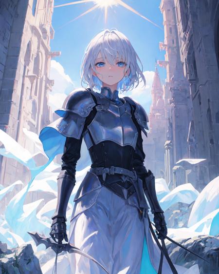 masterpiece, best quality, illustration, colorful, fantasy, scenery, day, castle, 1girl, skinny, detailed medium silver hair, narrowed blue eyes, expressionless, knight armor, harness, sheath, blue capelet