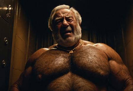 (photo, realistic, raw), (nighttime, at night, dark, dark hard shadows, cinematic atmosphere, movie grain, hazey atmosphere), closeup from below, (etherial, spiritual, emperor, king, god), old burly buff gentleman, old manly mature man, combed back hair,  doublechin, old hairy tanned grandpa, wrinkly neck, hairy chest, proud big hairy chest, thick neck, hairy armpits, tanned skin, tight golden spandex, gold jewellery, gold necklace, in a dark locker room at night, nighttime, arrogant disgusted disappointed smile, intimite situation, romantic atmosphere, stern, serious, angry, sad expression,