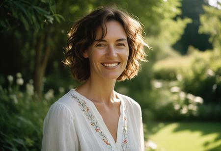 A hyper-realistic portrait of Olivia, a 35-year-old woman with a slim, oval face, high cheekbones, and sun-kissed skin. Her short wavy light brown hair is slightly tousled. She stands in a lush garden during golden hour, with soft, warm sunlight filtering through trees, casting natural highlights and shadows. She wears a loose white linen blouse with delicate embroidery. Her skin shows realistic pores, subtle wrinkles, and gentle laugh lines. Slightly imperfect teeth, no makeup retouching. Shot with a vintage lens on Kodak Portra 400 film.
.