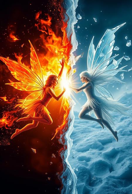 "Two fairies, one embodying fire and the other ice, clash in a spectacular display of elemental fury. The image is divided, with the left side engulfed in flames, fiery sparks and embers illuminating the darkening air. The fire fairy, wings ablaze, summons waves of flame to scorch her opponent. On the right, a frozen landscape stretches, frost covering every surface, as the ice fairy conjures icy shards and glaciers to shatter her foe. The two fairies meet in the center, their powers locked in a struggle that seems to tear the very fabric of reality apart. Style: dramatic, elemental, and symmetrical, with a focus on capturing the intense, opposing forces of fire and ice."