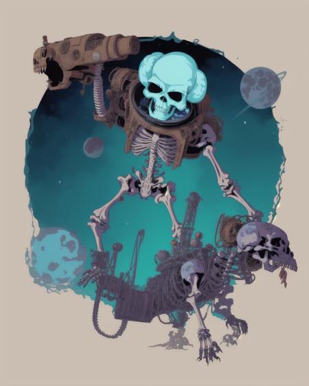 80s cartoon style illustration, a huge savage skeleton in space, steampunk style, muted colour scheme with bright blue accents.