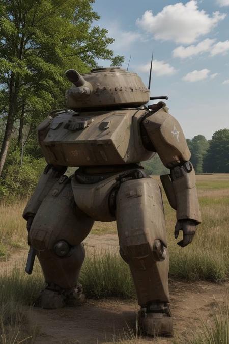 best quality,masterpiece,highly detailed,ultra-detailed, 
 world war 2, german army, day,forest, blue sky road,realistic, real real world location, german country side
tankhead,  mecha, military vehicle, no humans,robot, science fiction, cannon ,steampunk
camouflage,