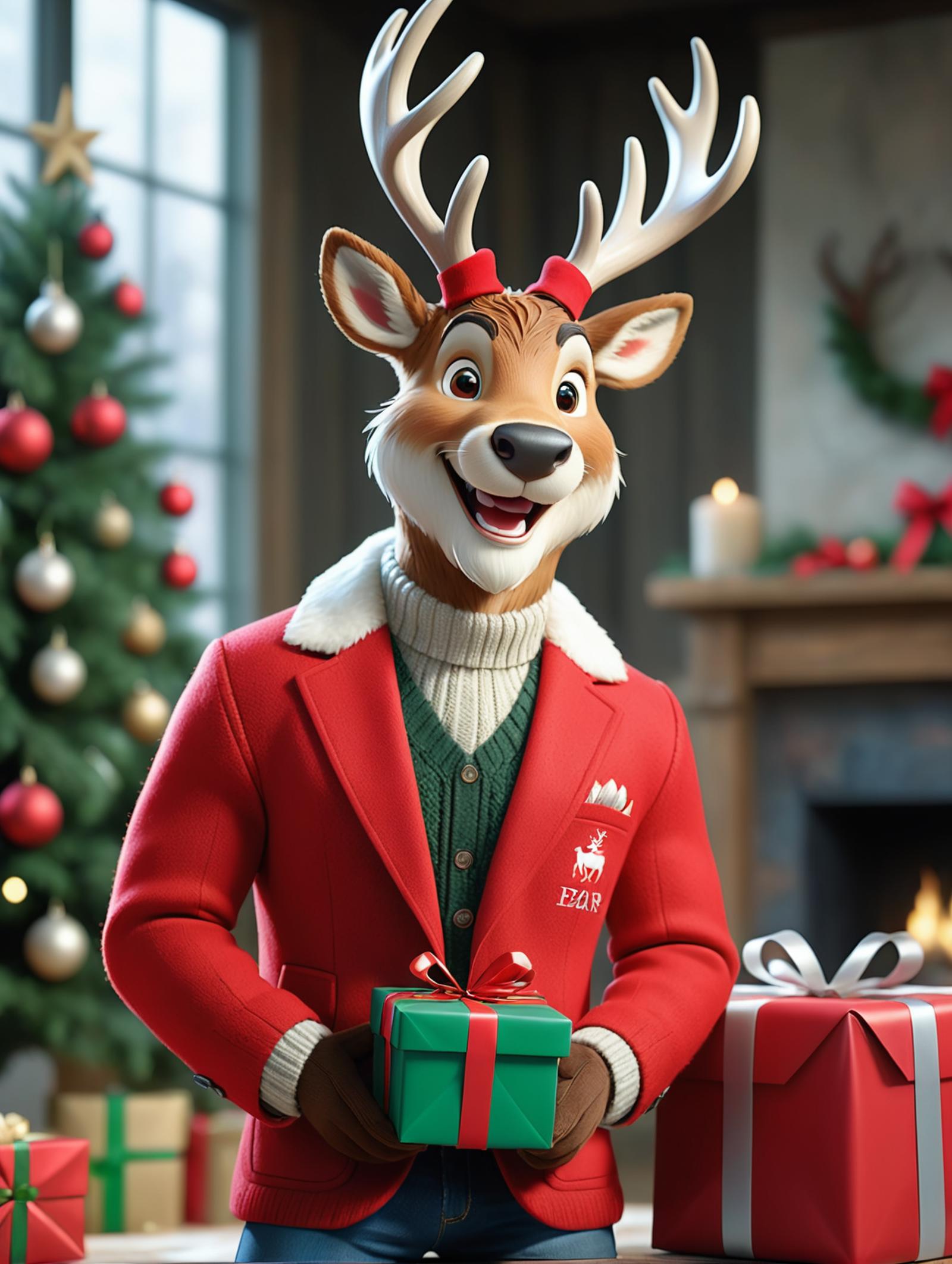 A deer wearing a red suit and green sweater holding a Christmas gift.