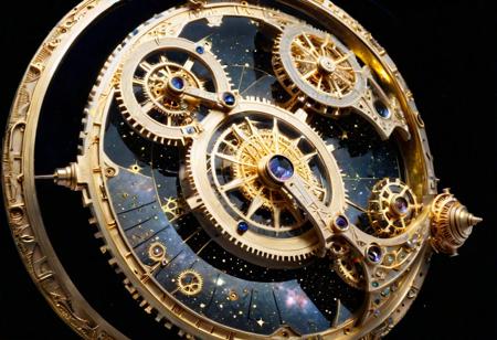surreal art, golden astrolabe rotating in deep space, ((spherical)), half side view, black background, reflections, glowing, golden complex mechanism, (crystals), gears, intricate details, sharp focus, full shot, nebula, stars