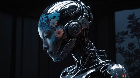 female cyborg, urban punk techwear, sci-fi, schematic, (data glitch effect), liquid chrome, holography, dark fantasy, chiaroscuro, portraits, niji style, ukiyo-e, floral patterns, ((masterpiece)), (Ultra-HD), (high-resolution), (16k), (epic), (insanely detailed:1), (photorealistic:1), color-graded, anime style, concept art, drawing, edge lines, harsh shadows, high contrast, (dark shadows, warm colors, dark colors, high contrast)
