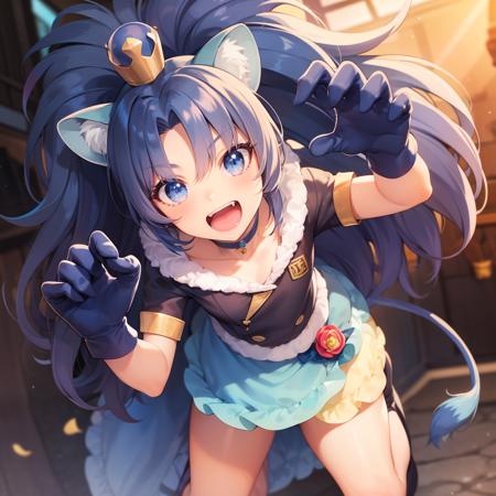 photorealistic, best quality, masterpiece, absurdres, extremely detailed, depth of field, <lora:CureGelato_v01:0.7:MIDD>, CureGelato, 1girl, 14yo, full body, lion ear, lion tail, blue long hair, wavy hair, fang, smile, skirt, shirt, blue single thighhigh, gloves, jewelry, jacket, choker, crown, open mouth, claw pose,