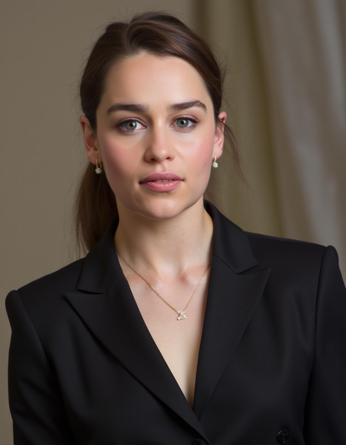 High quality passport photo of emxclarke wearing a suit and tie looking directly at the camera with her mouth closed and a neutral expression. She is also wearing a delicate gold chain and some understated diamond earrings.       <lora:Emilia_clarke_and_daenerys_FLUX_epoch_49:1>