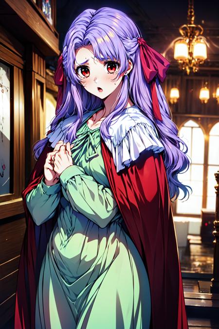 1girl, frightened, horrified, standing, looking at viewer, mansion,
doukoku_kanae, red eyes, purple hair, long hair, hair ribbon, green dress, red cape, <lora:doukoku_kanae_lora_ver1:0.7>, best quality, masterpiece, highres, <lora:GoodHands-vanilla:1>