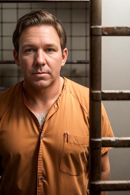 portrait photo of d354nt152 in orange jumpsuit and dirty prison cell background, sharp focus, intricate detail, light bokeh, skin texture, hasselblad h6d-400c 1.4, rusty prison cell bars