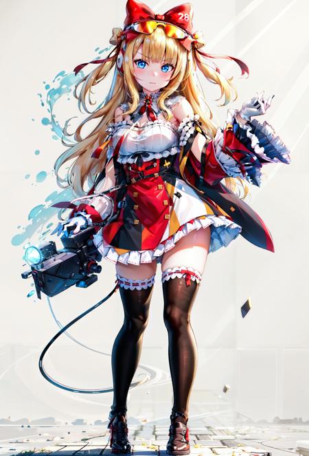 himmel blonde hair, blue eyes, two side up cannon ballers, shirt, skirt, white gloves, thighhighs, red bow, eyewear on head heroic verse, epaulettes, plaid skirt, black gloves, black thighhighs, belt bistrover, red dress, striped dress, vertical stripes, white thighhighs