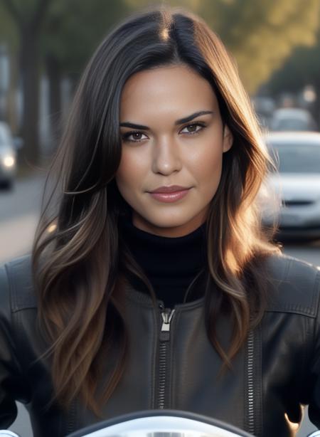 OdetteAnnable, ultra_detailed face of OdetteAnnable,wearing a turtleneck shirt, riding a motorcycle, photorealistic, bokeh, film grain, sharp focus, actionshot, (masterpiece, best quality, highres, absurdres:1.2)<lora:OdetteAnnableSDXL:1>