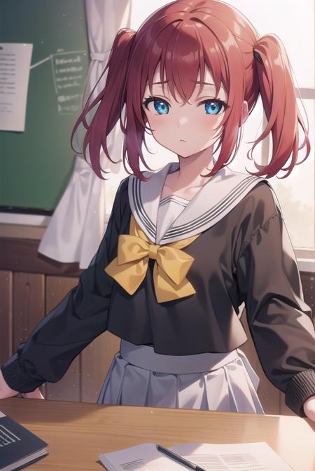 rubykurosawa, <lora:rubykurosawa-lora-nochekaiser:1>, 
ruby kurosawa, aqua eyes, medium hair, red hair, two side up, twintails, (flat chest:1.2), 
BREAK black socks, bow, bowtie, brown footwear, buttons, grey sailor collar, grey skirt, loafers, long sleeves, miniskirt, pleated skirt, sailor collar, school uniform, serafuku, shirt, shoes, skirt, uranohoshi school uniform, white shirt, winter uniform, yellow bow, yellow bowtie,
BREAK looking at viewer, 
BREAK indoors, classroom, 
BREAK <lyco:GoodHands-beta2:1>, (masterpiece:1.2), best quality, high resolution, unity 8k wallpaper, (illustration:0.8), (beautiful detailed eyes:1.6), extremely detailed face, perfect lighting, extremely detailed CG, (perfect hands, perfect anatomy),