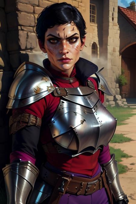 Cassandra,brown eyes,freckles,scar on face,very short black hair, solo, upper body, serious expression,
CasAr,brown gauntlets,breastplate with a white eye, belt,  armored boots, red shirt with purple sleeves, stitched purple pants,
 near a training dummy, outside, morning, 
(insanely detailed, beautiful detailed face, masterpiece, best quality)
 <lora:Cassandra-10v3:0.8>