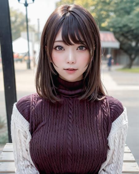 pureerosface_v1:0.3, best quality, photorealistic, 8k, high res, full color, 1girl, woman, 20 years old woman, (closed mouth:1.43), (skindentation), (portrait:0.6), trees, park bench, daylight, ((park background:1.52)), full color, ((necksweater:1.68)), looking at viewer:1.8, (1girl eyes looking at viewer:1.55), (long hair, brownhair, partedbangs:1.45), (bokeh), <lora:AAG-sakimi:0.65>