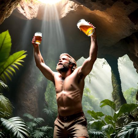 (Highest Quality, 4k, masterpiece:1.1), (realism, photorealistic:1.4), ray traced, hyper realism, soft lighting, detailed background, film grain,
BREAK
cave man wearing primitive cave man clothes discover beer for the first time,holding the beer in the air, jungle background, epic scene, ritual, high quality photography, 3 point lighting, flash with softbox, 4k, Canon EOS R3, hdr, smooth, sharp focus, high resolution, award winning photo, 80mm, f2.8, bokeh