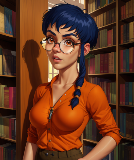 Taranee,short blue  hair,hair lock,glasses,brown eyes,
orange shirt,pants,
library,solo,
standing,
(insanely detailed, beautiful detailed face, masterpiece, best quality),<lora:TaraneeCook-10N2:0.8>,