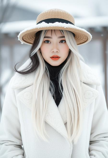 araffe woman in white coat and hat standing in snow, pale snow white skin, whitebangsblackhair, 4k hd. snow white hair, ulzzang, jiyun chae, very long snow colored hair, black wavy hair, korean women's fashion model, black silky hair, shoulder length black hair, korean audrey hepburn, geisha hairstyle