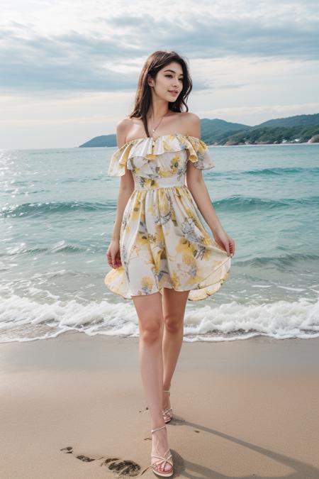 1 woman, detailed, realistic, standing, full body shot, scenic view, beach, high waves
<lora:Off Shoulders Flower Print Dress By Stable Yogi:0.5> yellow off shoulders flower print dress