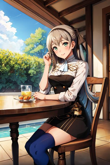 masterpiece, best quality,  <lora:gmuniform2-nvwls-v1-000009:1> gmuniform, blue thighhighs  <lora:elie-nvwls-v2-zero:0.7> elie macdowell, green eyes, hairband, hair ribbon, garden, table, chair, sitting, looking at viewer, smile