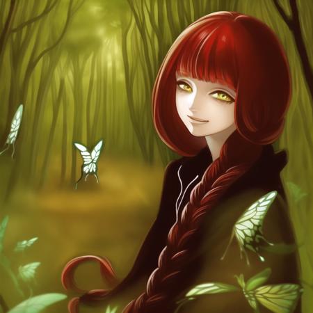 1girl, braid, solo, butterfly, bug, long hair, red  hair, twin braids, tree, hood, cloak, forest, looking at viewer, nature, yellow eyes, smile, green eyes, night