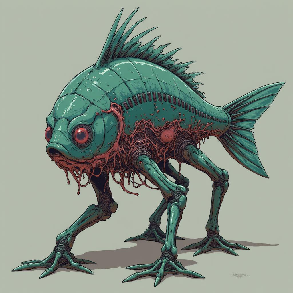 A cybergore fish with mechanical legs.<lora:cybergore.safetensors:0.6:1.0>