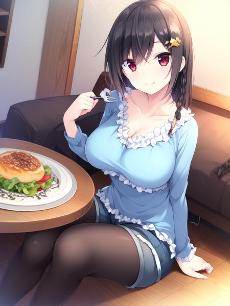 SonoyaChika, 1girl, soro, star_hair_ornament, hair_ornament, black_hair, bangs, red eyes, side braid, long_hair, single_braid, large_breasts,