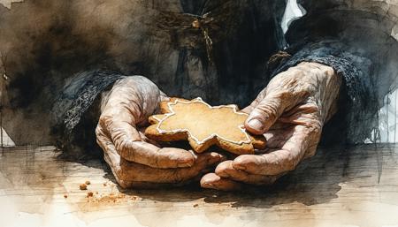 Ink art, watercolour washes, charcoal shadows: Intimate close-up of a wisened elder, deeply etched smile, delicately cradling a warm gingerbread cookie. Arthur Rackham's expressive lines, Rembrandt's poignant lighting. Sepia, ochre, desaturated blue palette. Soft window light casts gentle chiaroscuro on papery skin, crumbly cookie. Dust-moted sunbeam illuminates antique lace, worn wood. Focus: knowing eyes, gentle hands, central cookie. Atmosphere of nostalgic tenderness, quiet contemplation; implied baking spices, wisp of steam.