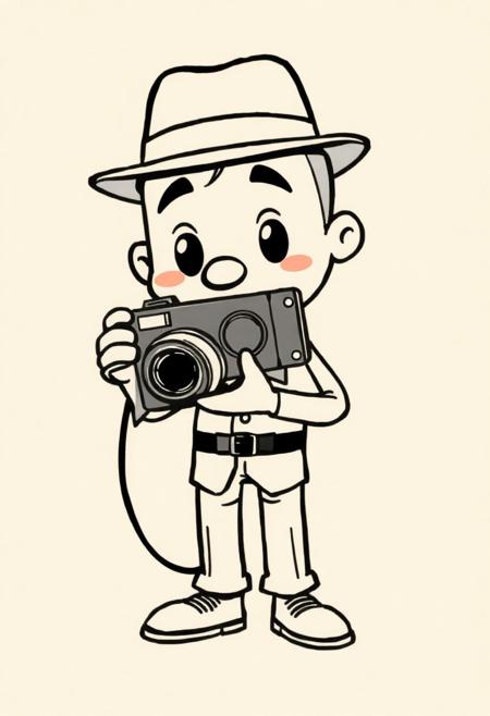 Charming vintage cartoon street photographer mascot with camera, in 1940s screen printing. Extremely simplified shapes, chibi proportions, thick outline, fedora hat, bow tie, minimal shapes except dots and curved lines, single color ink drawing In the style of 1950s comic book covers. Perfect for retro t-shirt printing. Beige background