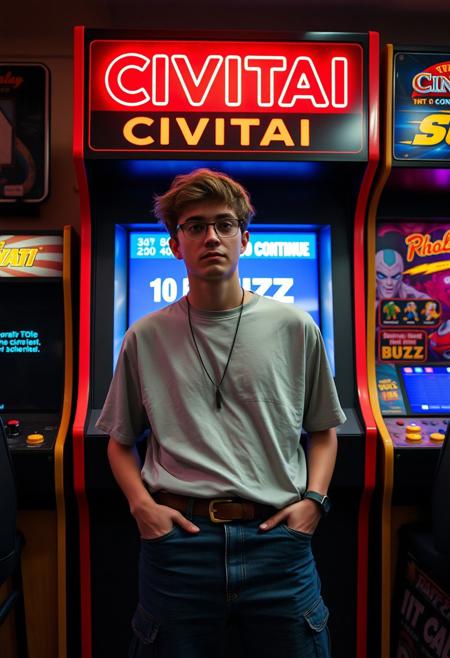 an 18 year old man in the 90s wearing 90s clothes desperate looking for money in his pockets with his pants pockets out looking straight ahead at an arcade with the name "CIVITAI" where the screen says "enter 10 BUZZ to continue "
