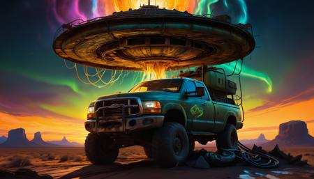 Hyper-detailed sci-fi digital painting of a colossal alien spacecraft refueling at an abandoned Texan gas station. The ship (organic-mechanical hybrid, covered in glowing runes and pulsating veins) dwarfs the rusty pumps and cracked asphalt. Neon fuel hoses snake from the vintage gas pumps into the ship’s shimmering intake port. A lone cowboy (dusty hat, cybernetic arm) leans against his hover-pickup, watching as the sky swirls with unnatural auroras. Distant mesas and a setting sun cast long shadows. Art style inspired by Simon Stålenhag and Moebius — retro-futurism meets surreal Americana. 8K, cinematic lighting, intricate textures.